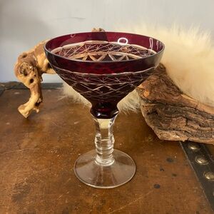 . Vintage Ruby Red Martini Glass - Cut to Clear Cocktail Stemware Wine Glass